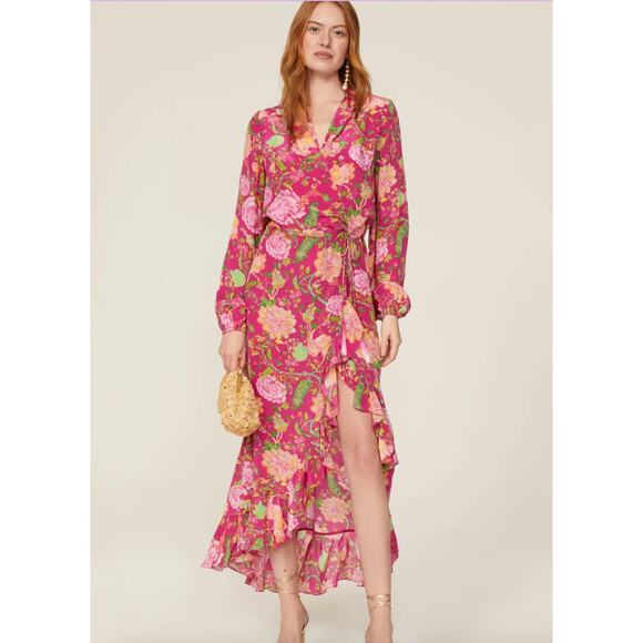 Rococo Sand Dress Womens Small Pink Chloe Wrap Floral Motif Ruffle Long - Picture 1 of 14